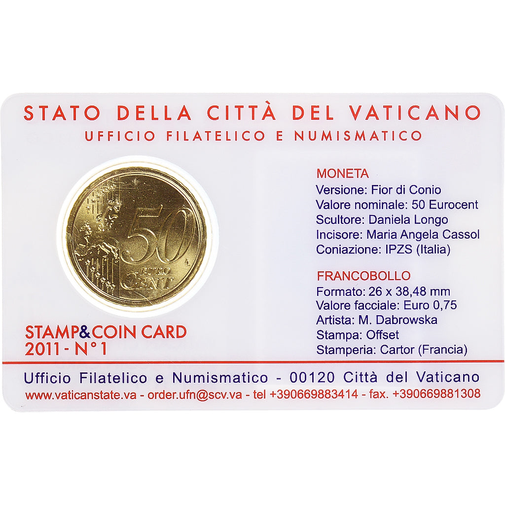 CITTÀ DEL VATICANO, 50 Euro Cent, 2011, Rome, Stamp and coin card, FDC, Ottone