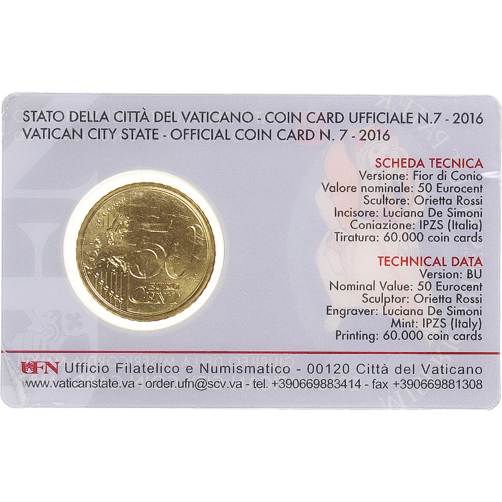 VATICAN CITY, 50 Euro Cent, 2016, Rome, Coin card, MS(65-70), Brass