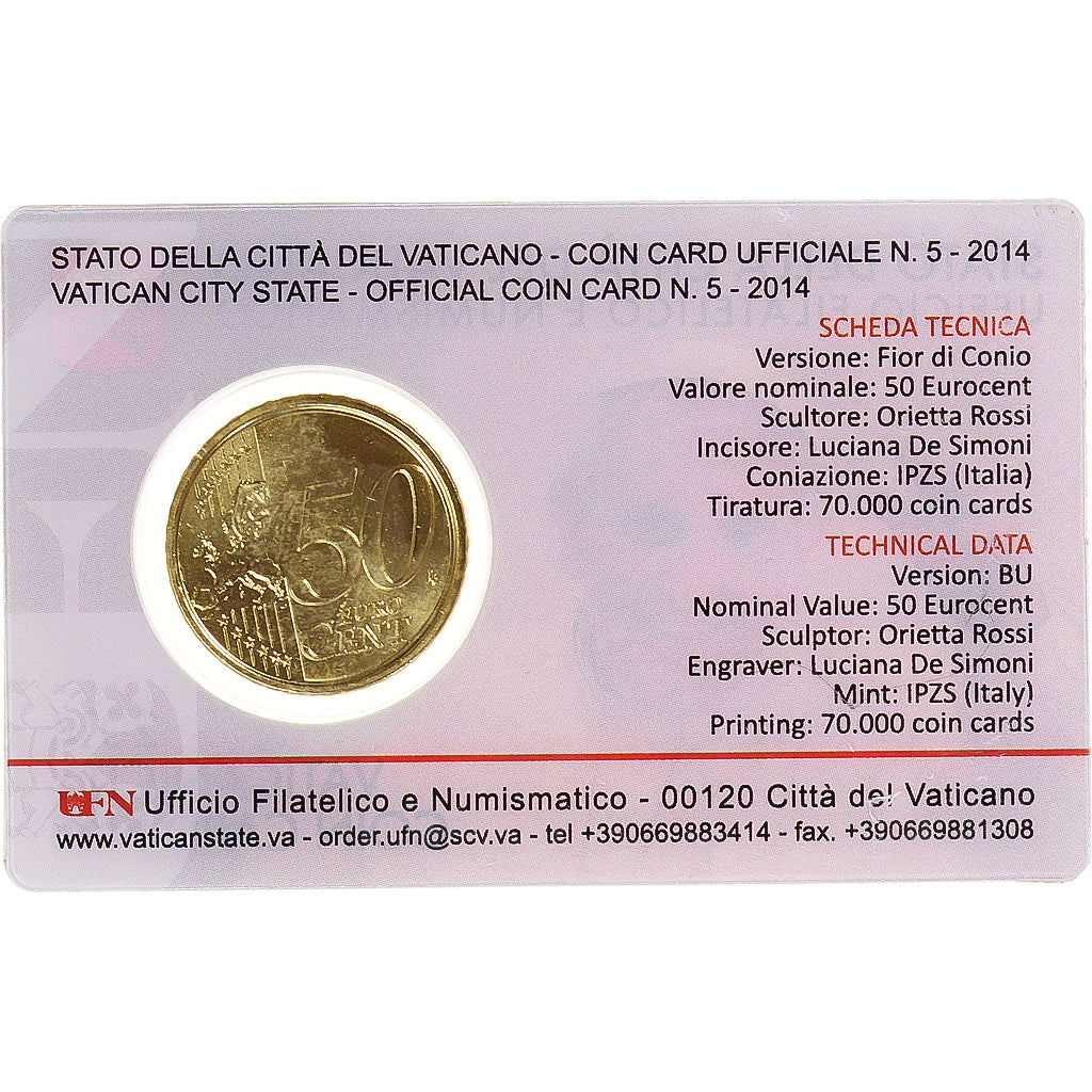 VATICAN CITY, 50 Euro Cent, 2014, Rome, Coin card, MS(65-70), Brass