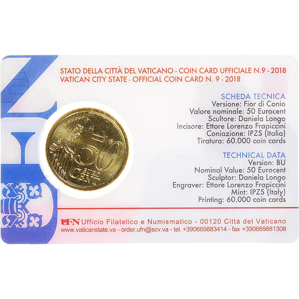 VATICAN CITY, 50 Euro Cent, 2018, Rome, Coin card n°9.FDC, MS(65-70), laiton