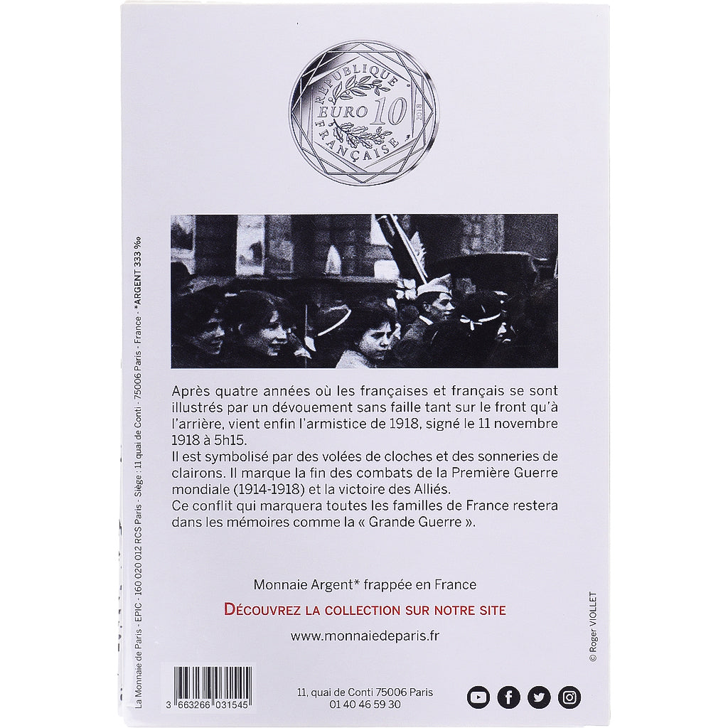 France, 10 Euro, 2018, Pessac, Centenaire de l'Armistice., FDC, Billon