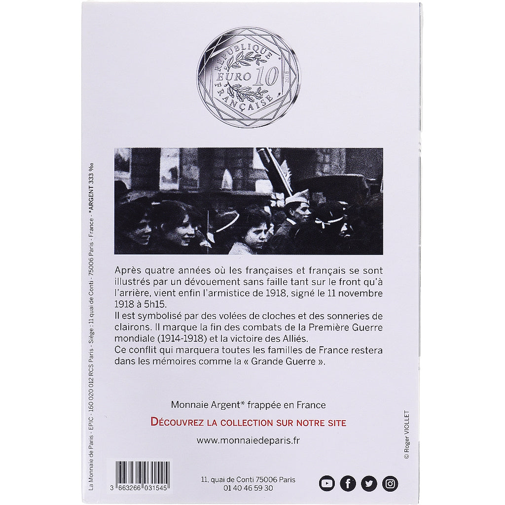 France, 10 Euro, 2018, Pessac, Centenaire de l'Armistice., FDC, Billon
