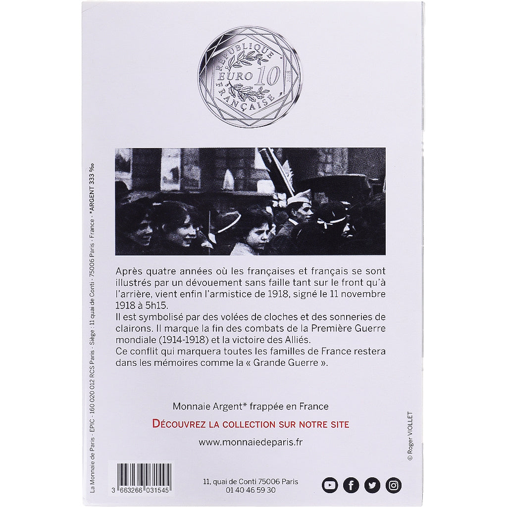 Francia, 10 Euro, 2018, Pessac, Centenaire de l'Armistice., FDC, Biglione