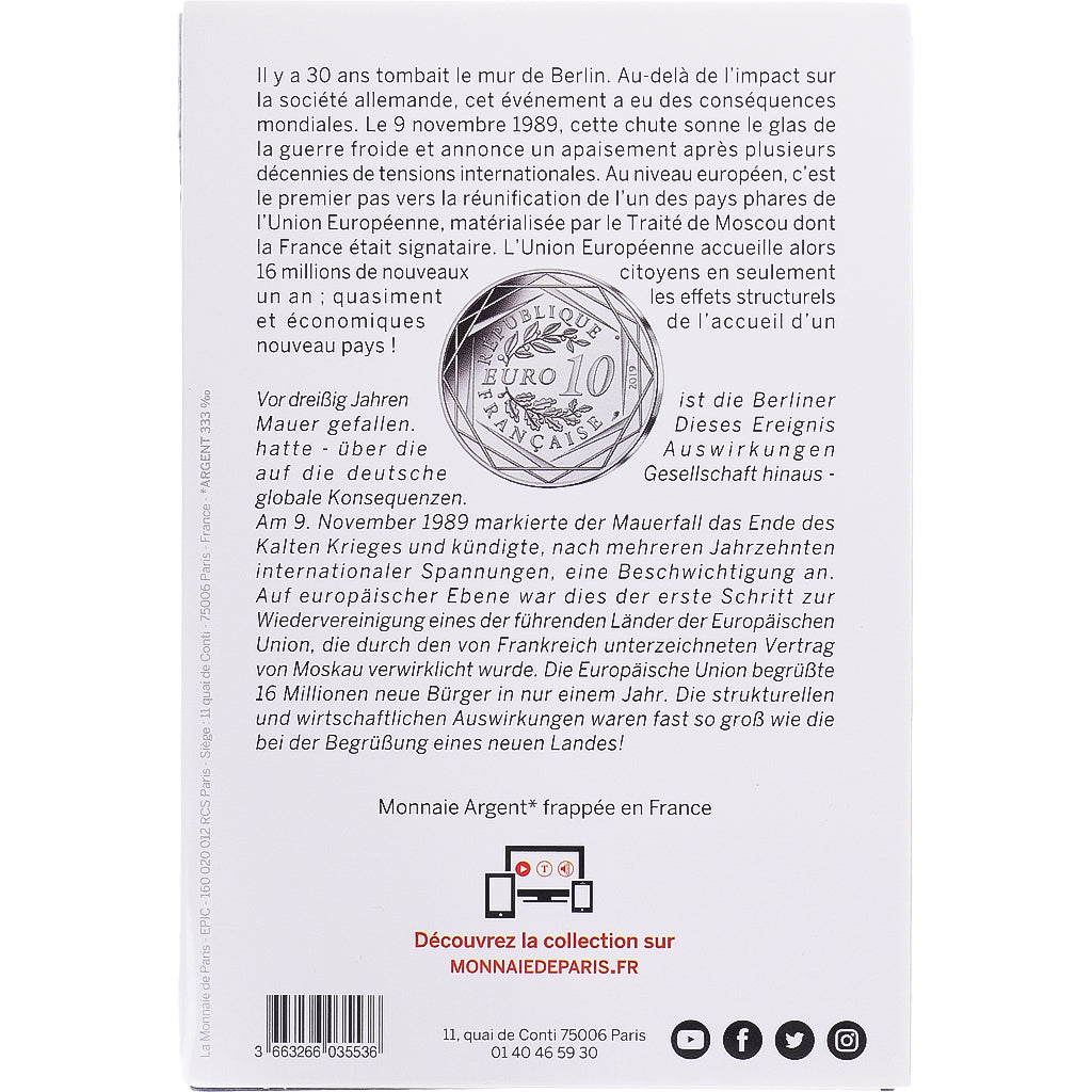 France, 10 Euro, 2019, Monnaie de Paris, Chute du mur de Berlin, MS(65-70)