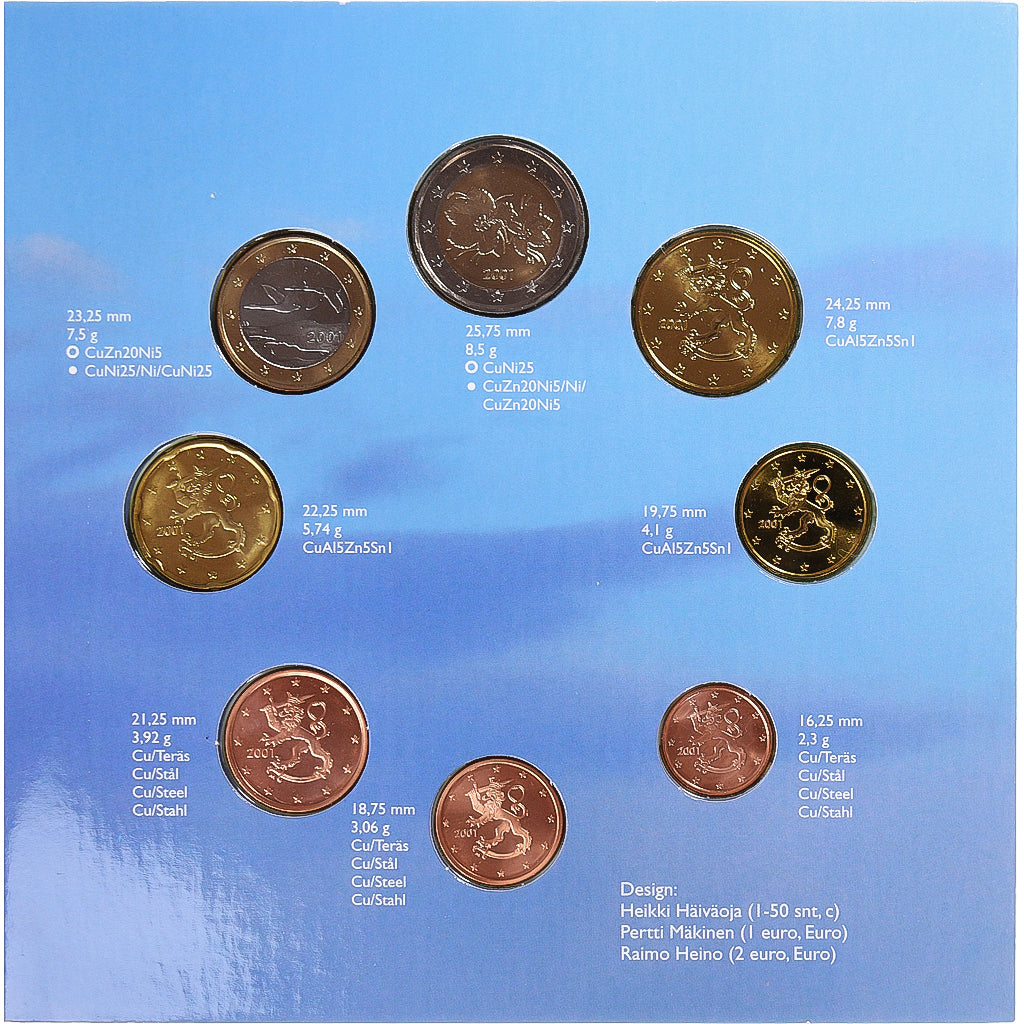 Finlandia, 1 Cent to 2 Euro, euro set, 2001, Mint of Finland, BU, FDC, Sin
