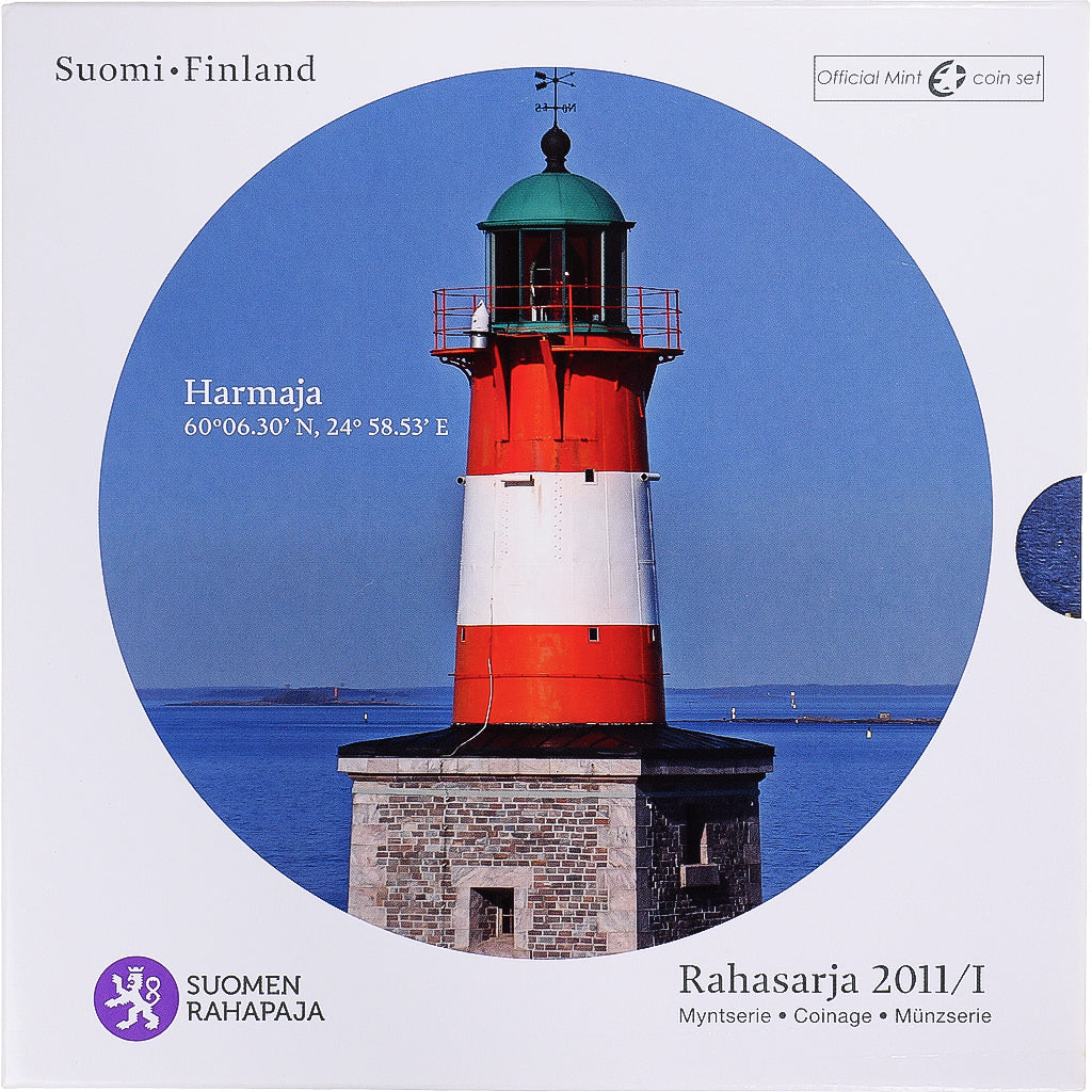 Finland, 1 Cent to 2 Euro, euro set - Harmaja lighthouse, 2011, Mint of Finland