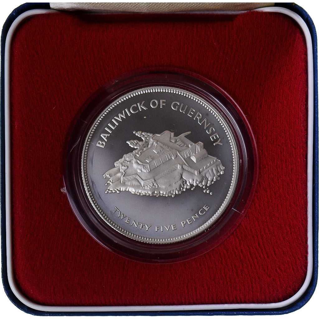 Coin, Guernsey, Elizabeth II, 25 Pence, 1977, Heaton, BE, MS(65-70), Silver