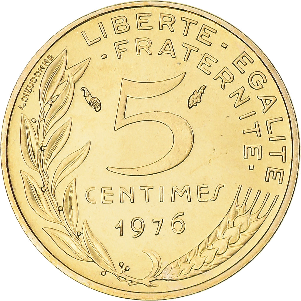 Moeda, França, Marianne, 5 Centimes, 1976, Paris, MS(65-70), Alumínio-Bronze