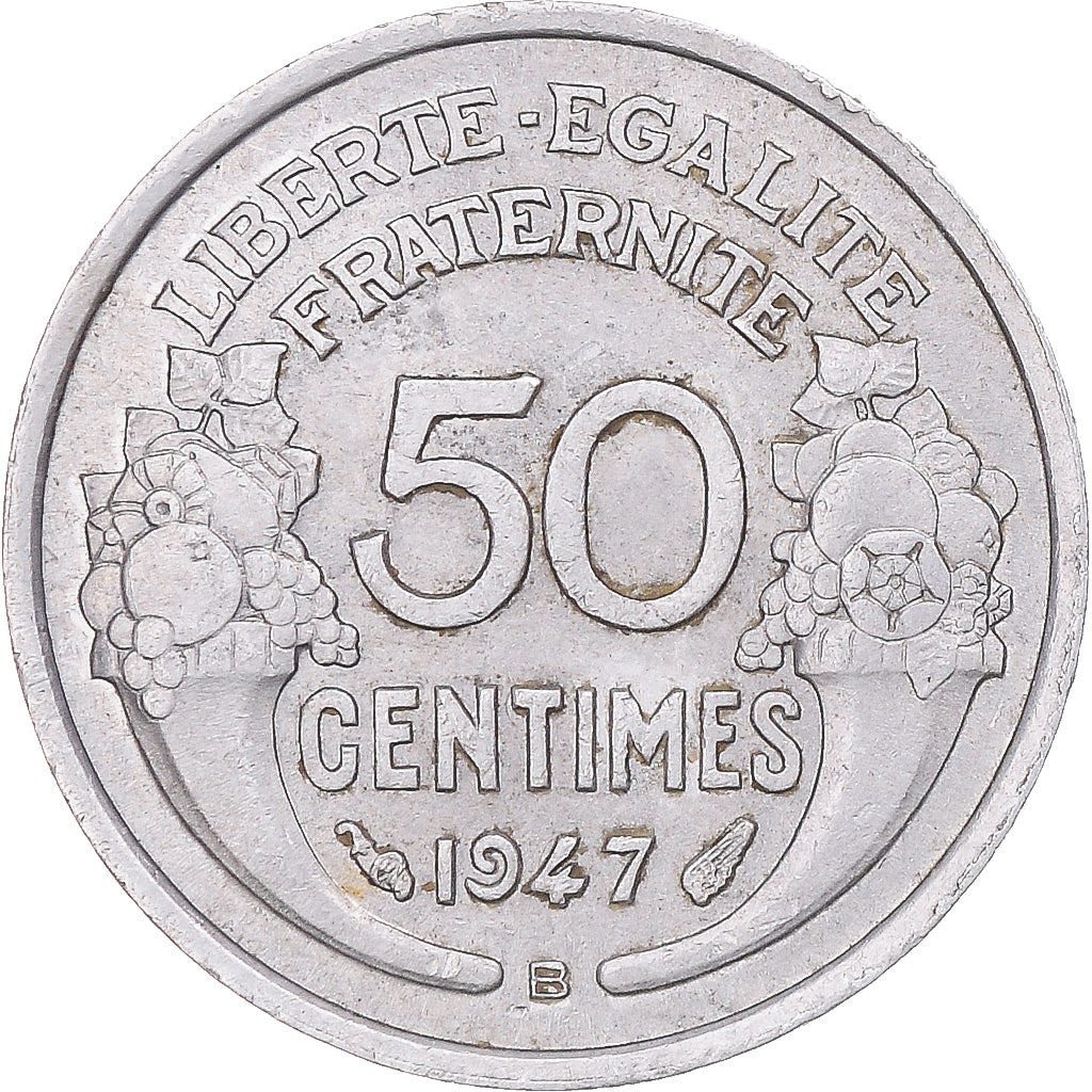 Moneda, Francia, Morlon, 50 Centimes, 1947, Beaumont - Le Roger, MBC, Aluminio