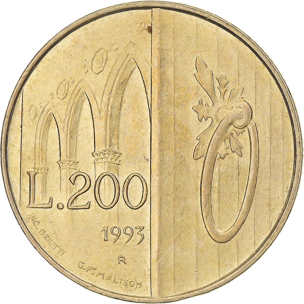 Moneda, San Marino, 200 Lire, 1993, MBC, Aluminio - bronce, KM:300