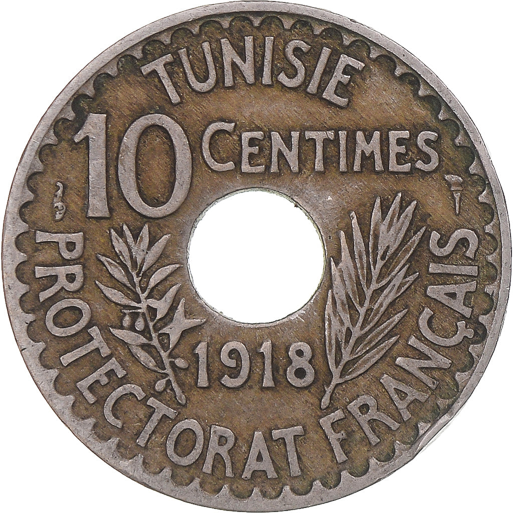 Moneta, Tunisia, Muhammad al-Nasir Bey, 10 Centimes, 1918, Paris, BB