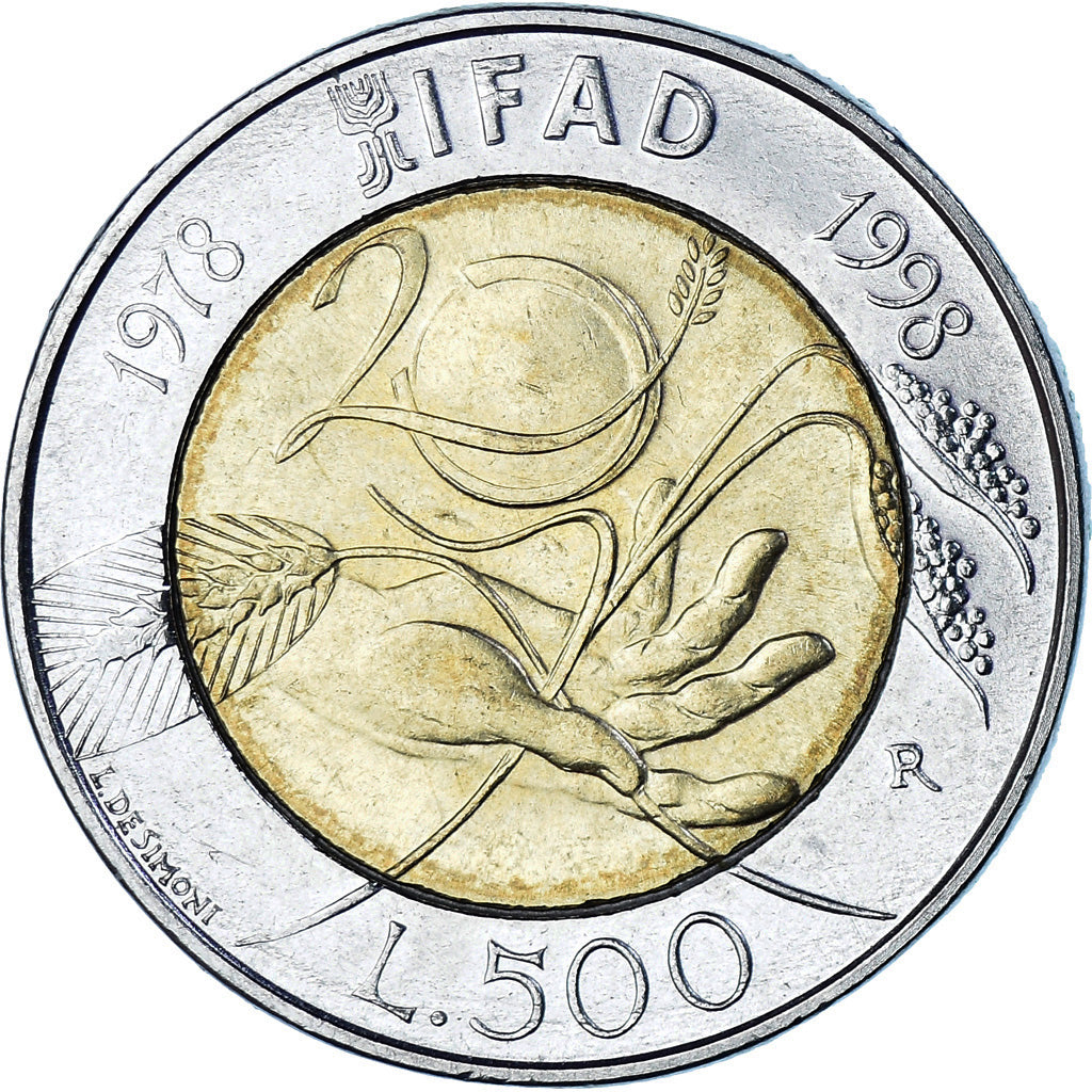 Moneta, Włochy, 500 Lire, 1998, Rome, IFAD, EF(40-45), Bimetaliczny, KM:193