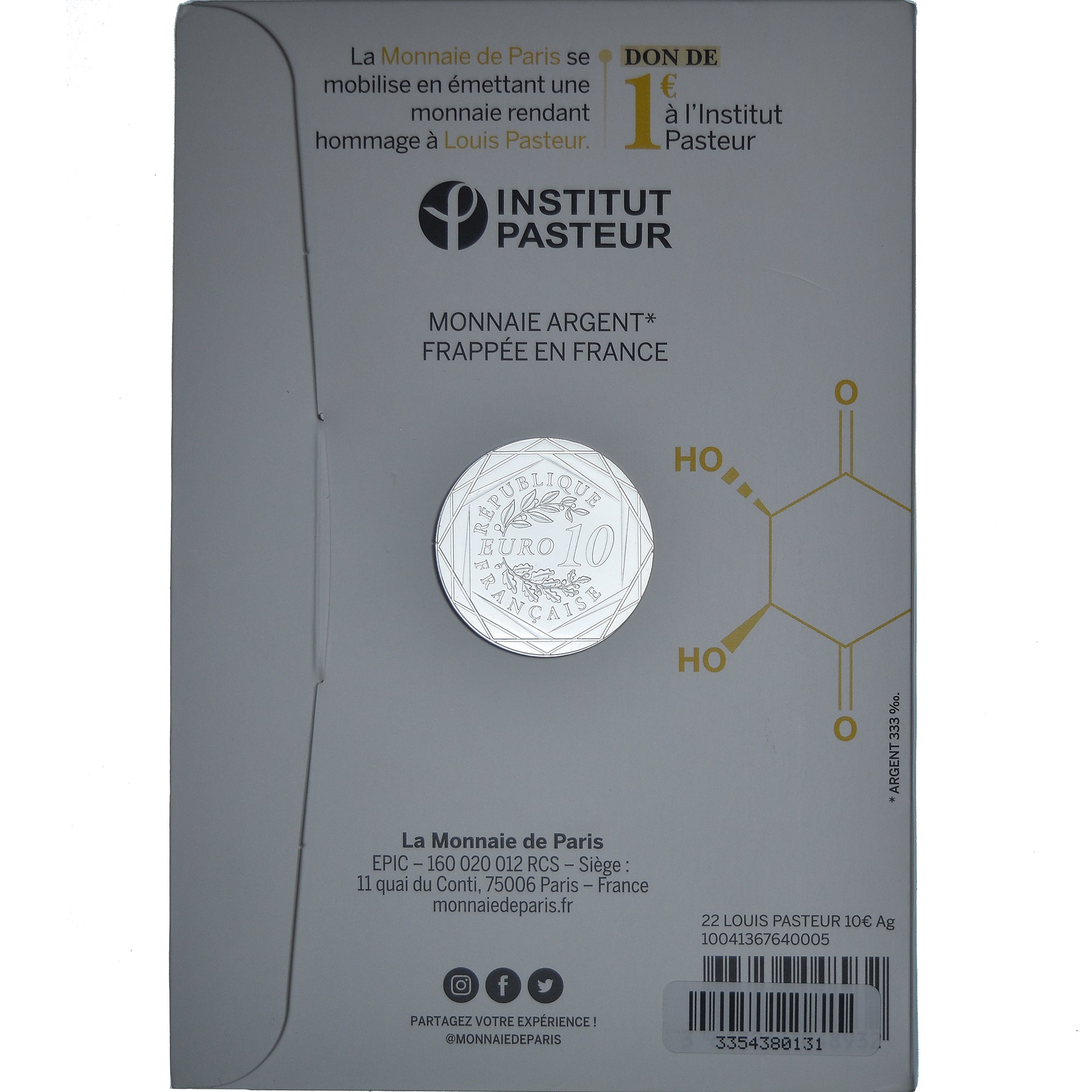 França, 10 Euro, 2022, Monnaie de Paris, Louis Pasteur.BU, MS(65-70), Prata