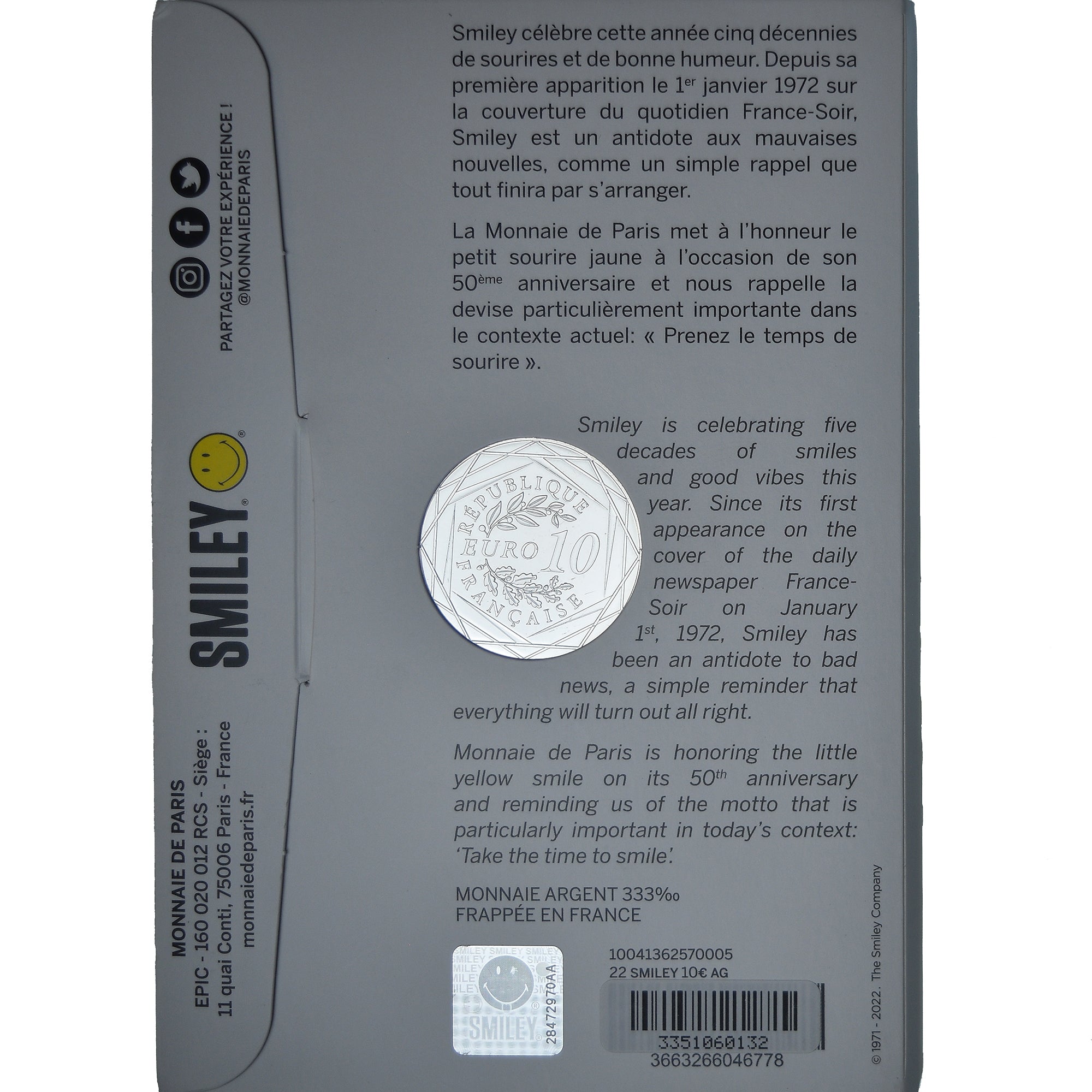 France, 10 Euro, 2022, Monnaie de Paris, SMILEY .Colorized.BU, MS(65-70), Silver