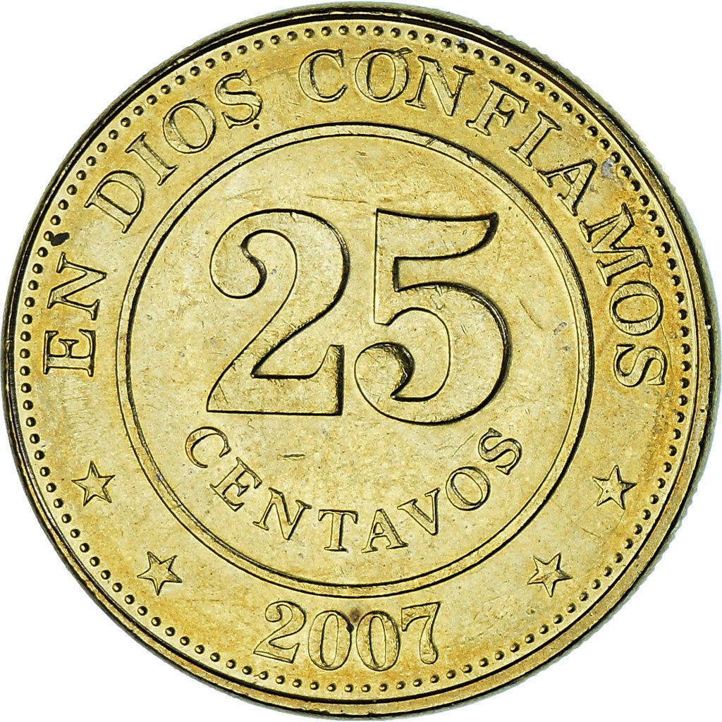 Coin, Nicaragua, 25 Centavos, 2007, British Royal Mint, AU(55-58), Brass plated