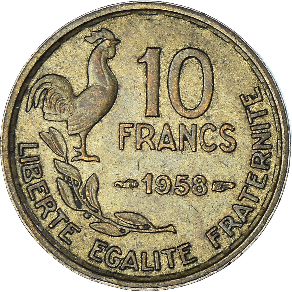 Coin, France, Guiraud, 10 Francs, 1958, Paris, VF(30-35), Aluminum-Bronze