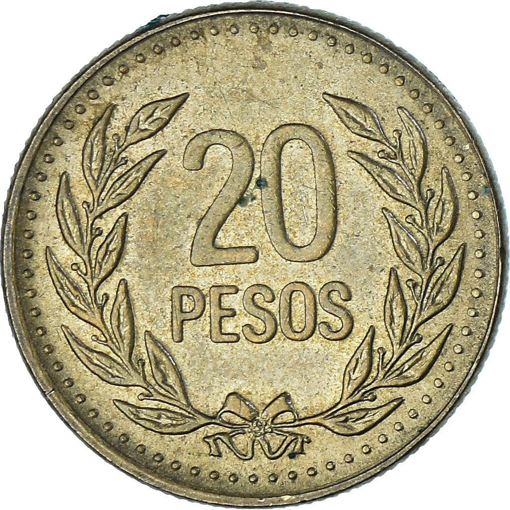 Moneta, Colombia, 20 Pesos, 1991, BB, Alluminio-bronzo, KM:282.1