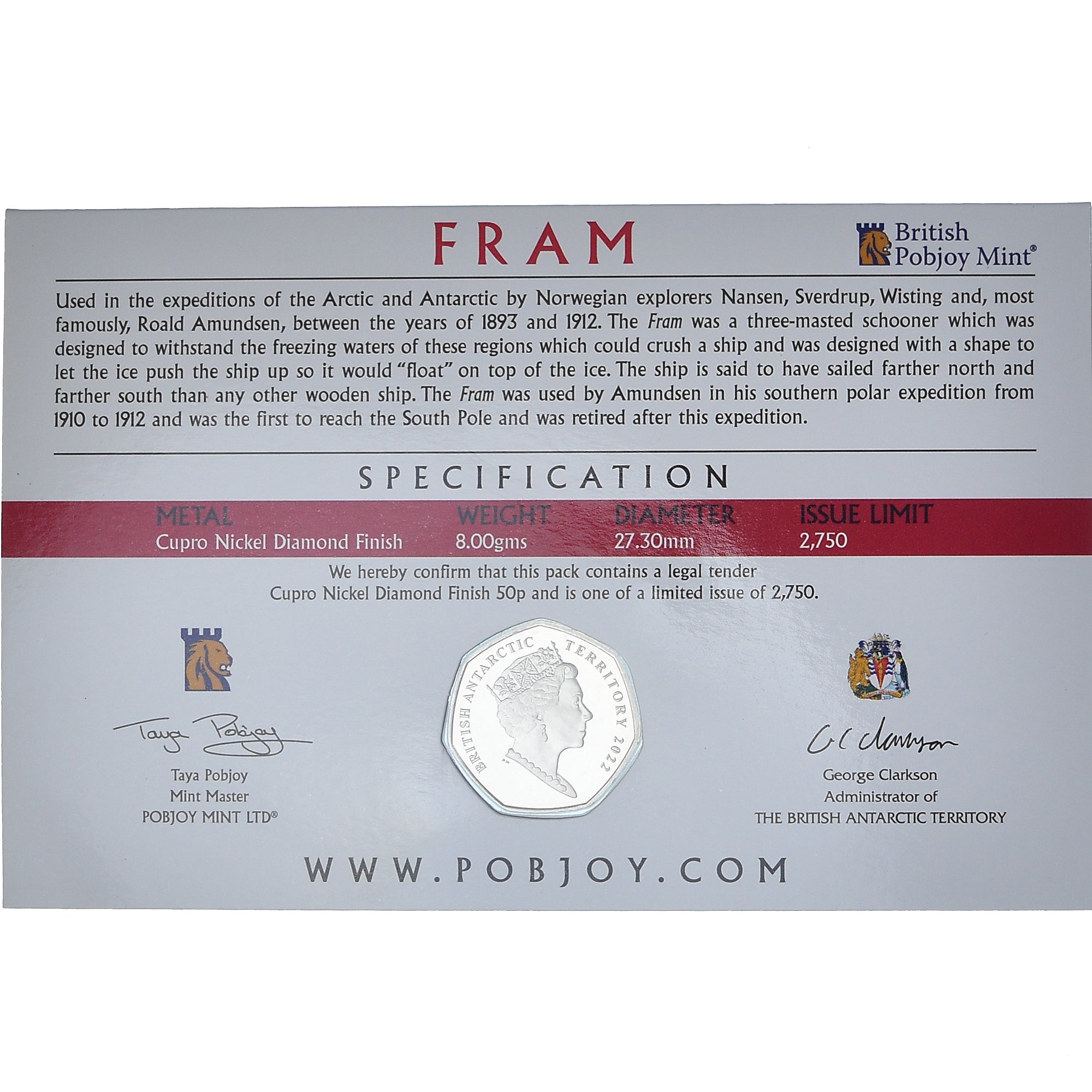 Coin, British Antarctic Territory, 50 Pence, 2022, Pobjoy Mint, Fram.FDC