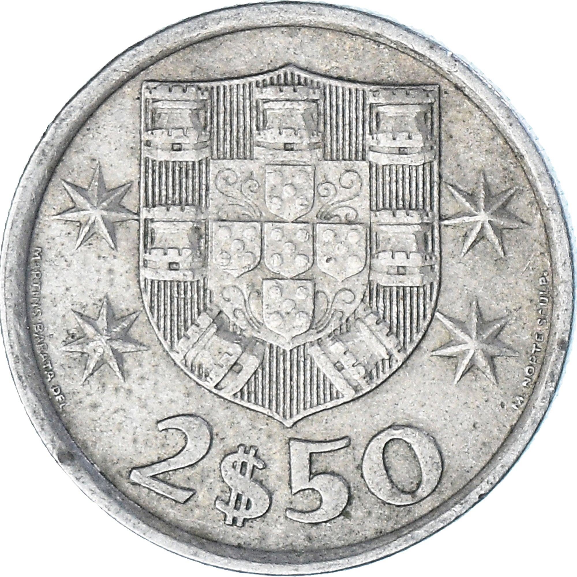 Coin, Portugal, 2-1/2 Escudos, 1977, EF(40-45), Copper-nickel, KM:590