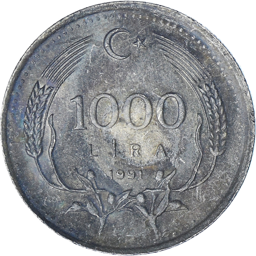 Moeda, Turquia, 1000 Lira, 1991, EF(40-45), Níquel-Latão, KM:997