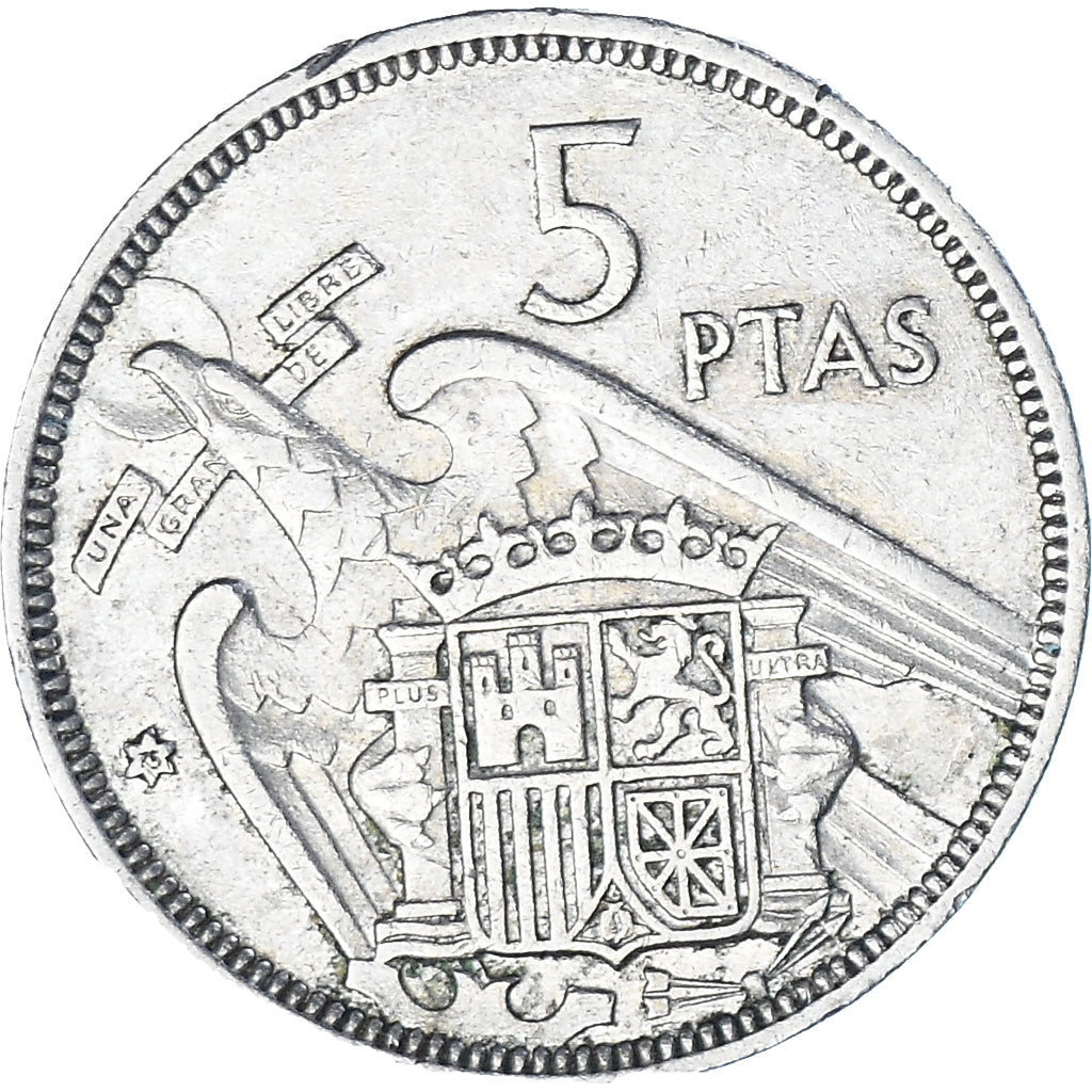 Moneda, España, Caudillo and regent, 5 Pesetas, 1975, BC+, Cobre - níquel