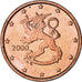 Finlandia, Euro Cent, 2000, Vantaa, MS(63), Miedź platerowana stalą, KM:98