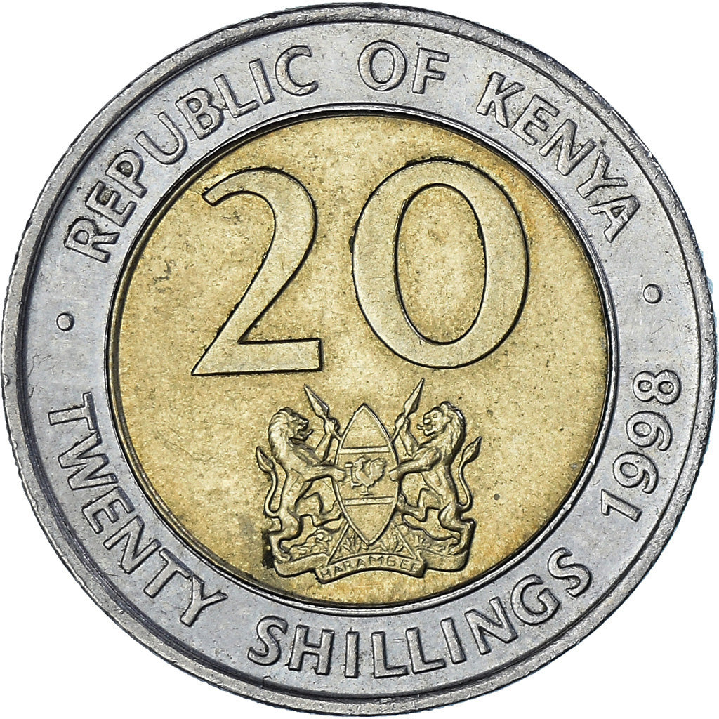 Coin, Kenya, 20 Shillings, 1998, British Royal Mint, AU(50-53), Bi-Metallic