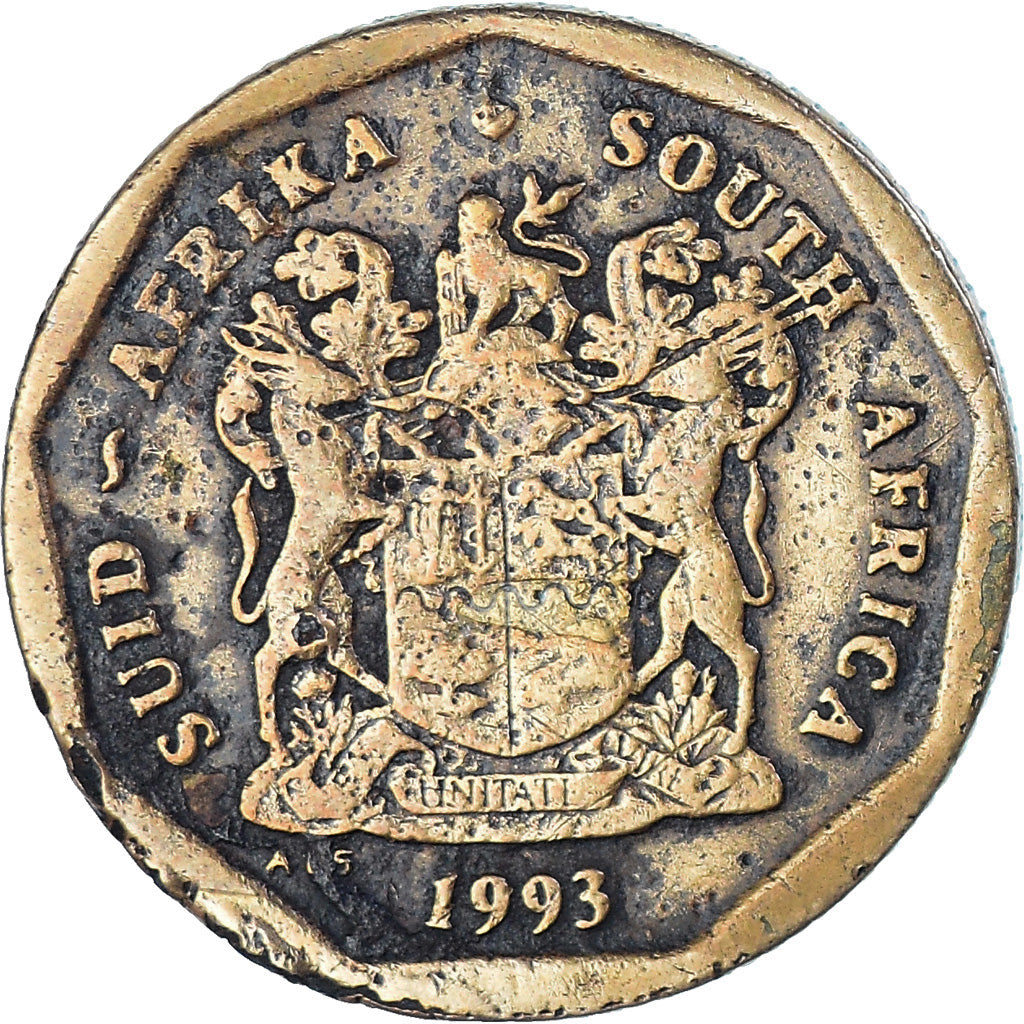 Moneta, Sudafrica, 50 Cents, 1993, MB, Acciaio placcato in bronzo, KM:137