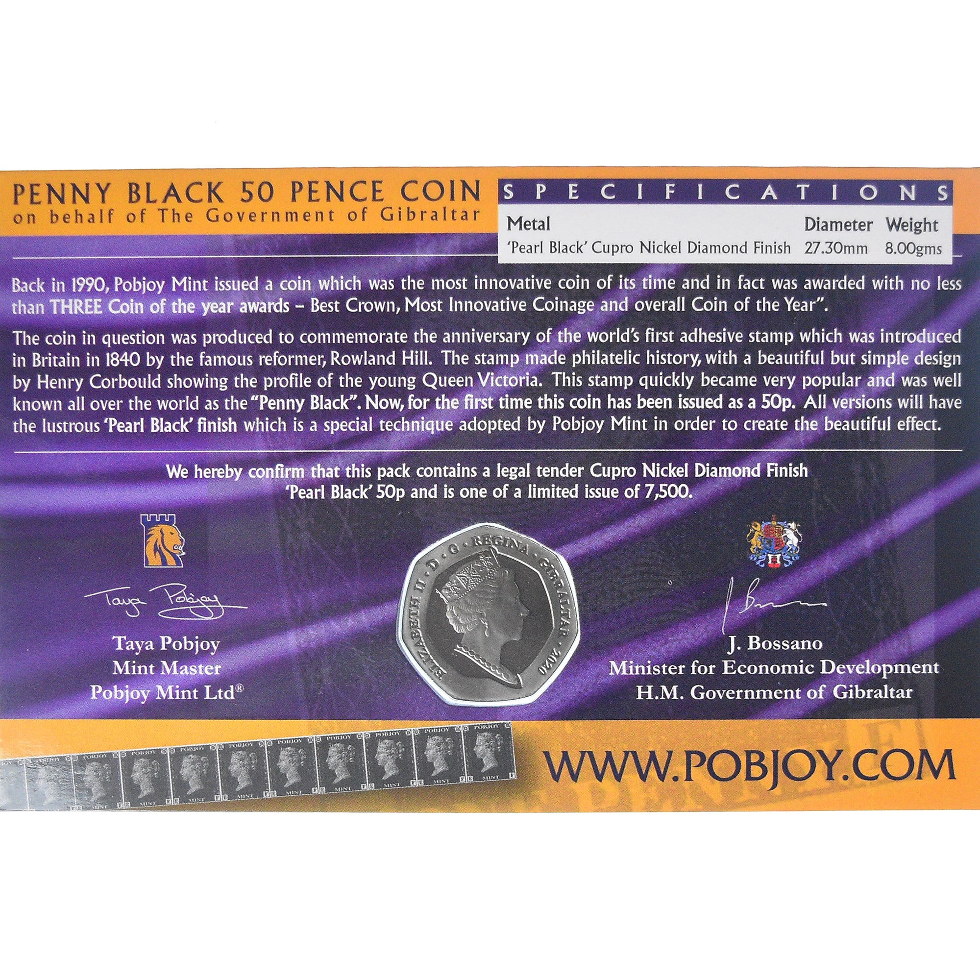 Coin, Gibraltar, 50 Pence, 2020, Pobjoy Mint, PEARL BLACK. BE, MS(65-70)