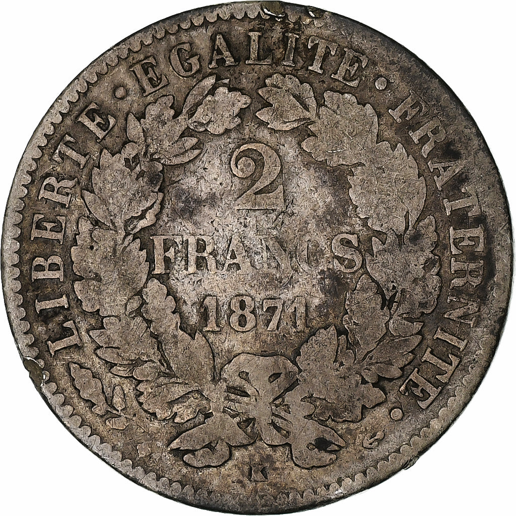 Munten, Frankrijk, Cérès, 2 Francs, 1871, Bordeaux, ZG+, Zilver, KM:817.2