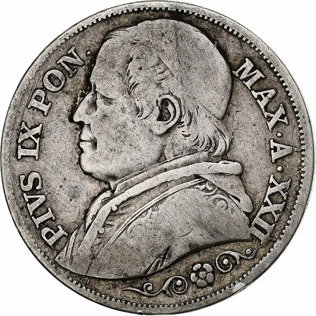 Moneda, Estados italianos, PAPAL STATES, Pius IX, 2 Lire, 1867, Roma, BC+