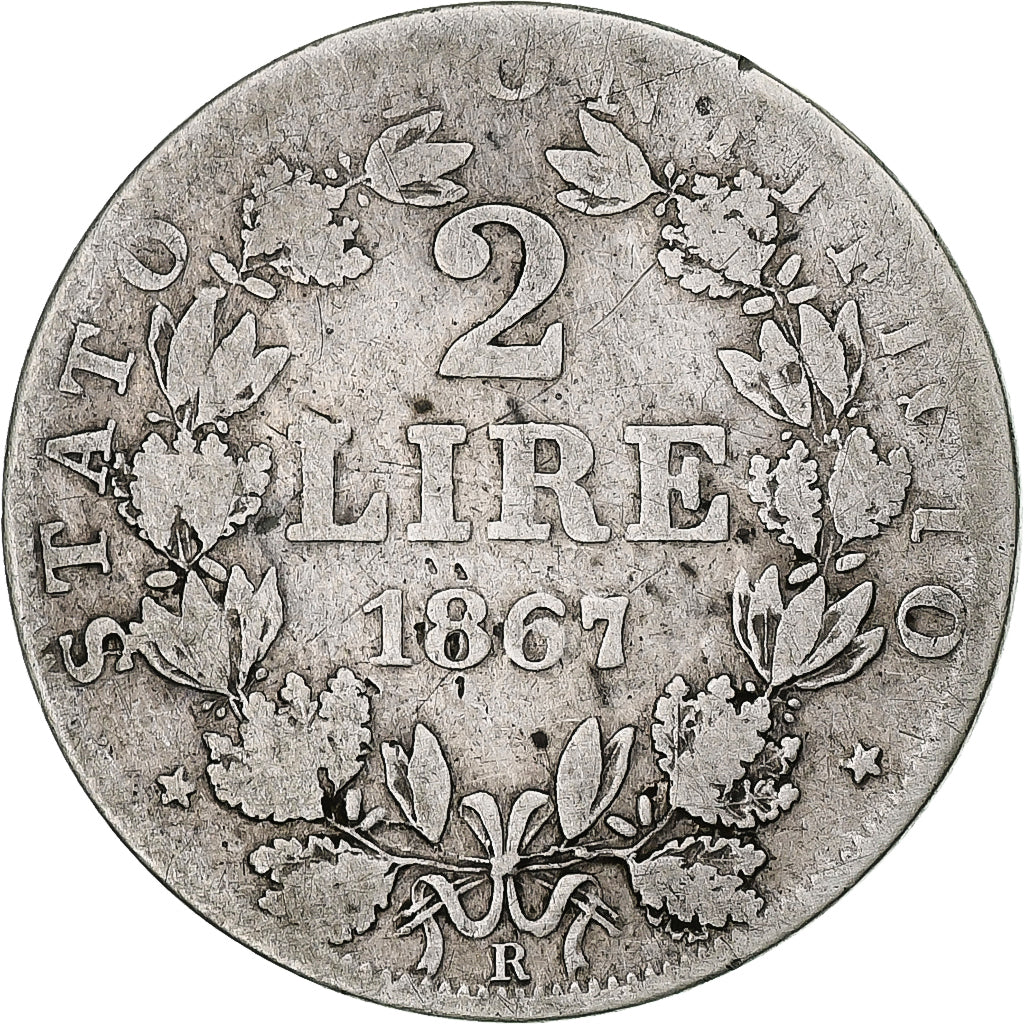Moneda, Estados italianos, PAPAL STATES, Pius IX, 2 Lire, 1867, Roma, BC+