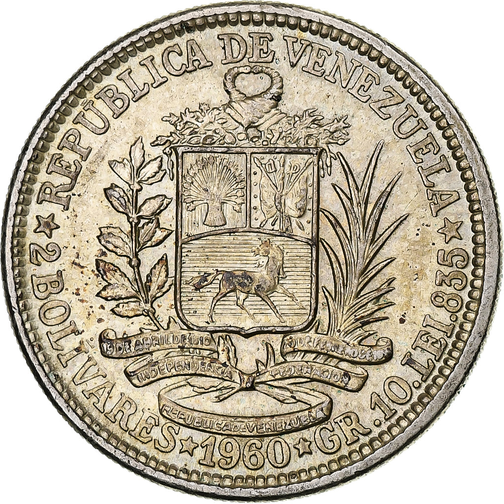 Münze, Venezuela, 2 Bolivares, 1960, VZ, Silber, KM:A37