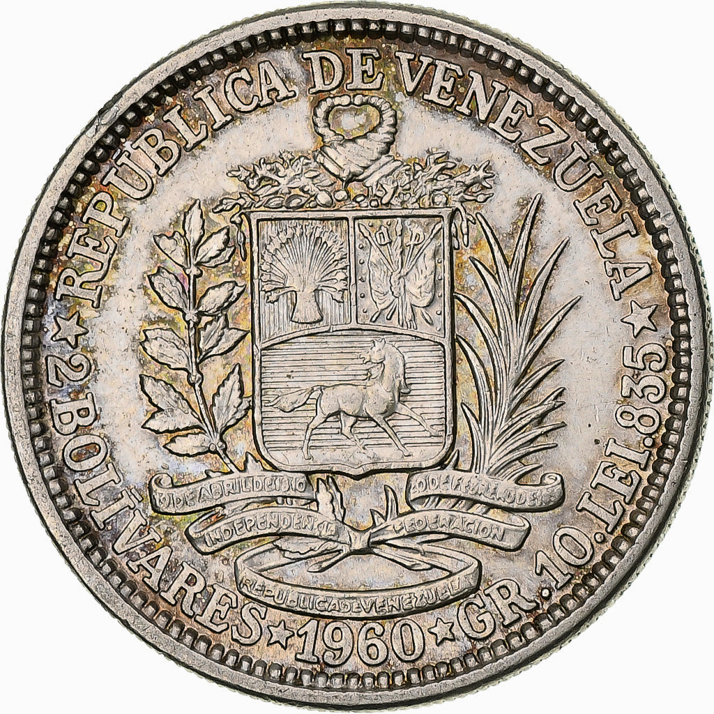 Monnaie, Venezuela, 2 Bolivares, 1960, SUP, Argent, KM:A37