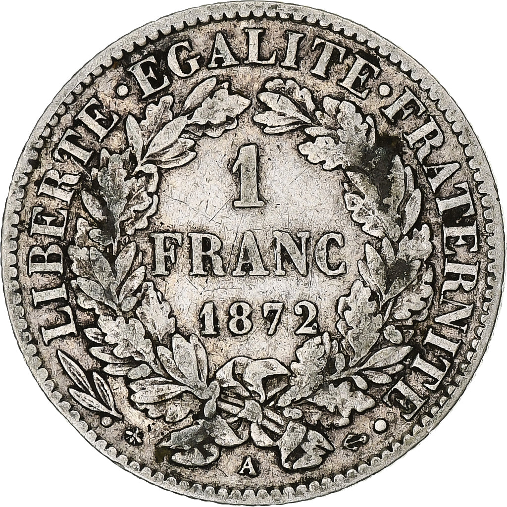 Moeda, França, Cérès, Franc, 1872, Paris, EF(40-45), Prata, KM:822.1