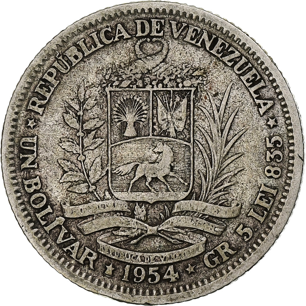 Moneda, Venezuela, Bolivar, 1954, Philadelphia, BC+, Plata, KM:37