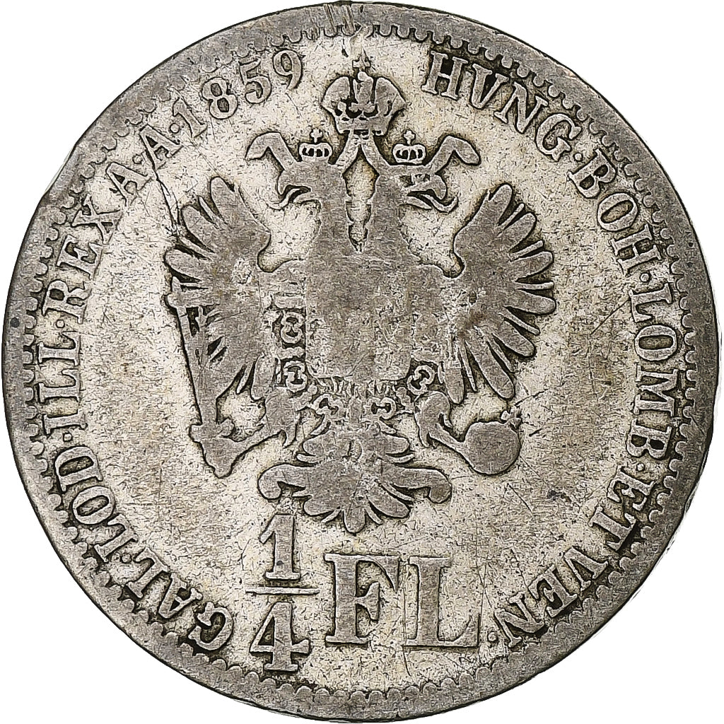 Moneda, Austria, Franz Joseph I, 1/4 Florin, 1859, Vienne, BC+, Plata, KM:2214
