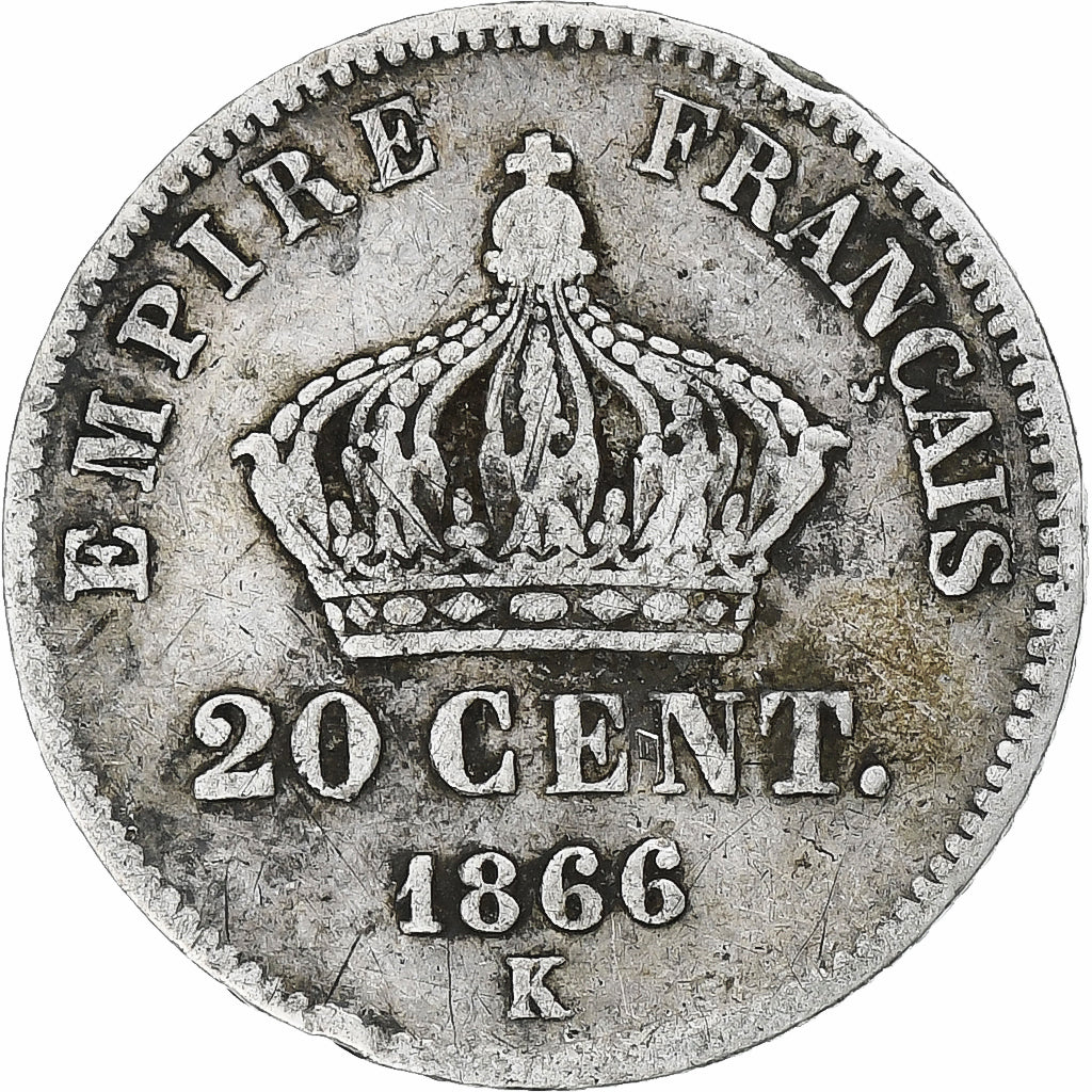 Moeda, França, Napoleon III, 20 Centimes, 1866, Bordeaux, VF(20-25), Prata