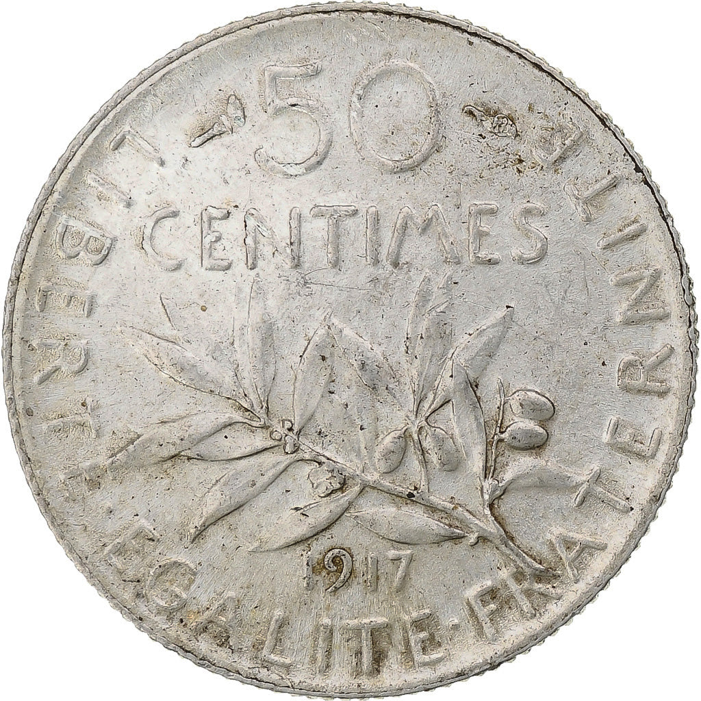 Munten, Frankrijk, Semeuse, 50 Centimes, 1917, Paris, ZF+, Zilver, KM:854