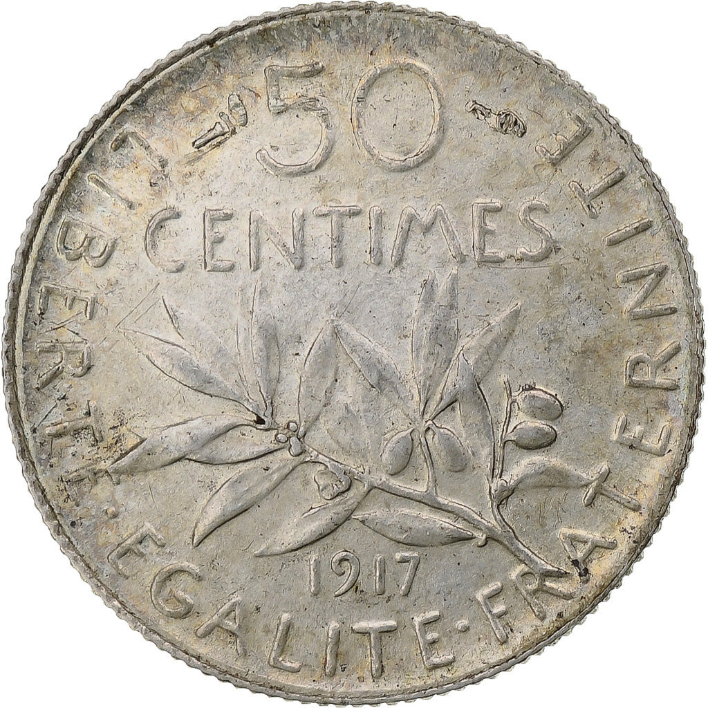 Moneda, Francia, Semeuse, 50 Centimes, 1917, Paris, MBC+, Plata, KM:854