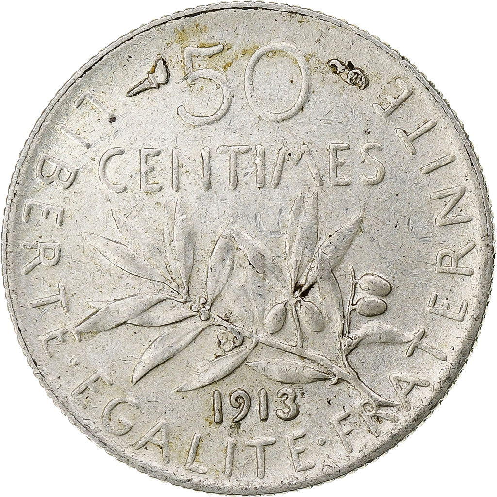 Moneda, Francia, Semeuse, 50 Centimes, 1913, Paris, MBC+, Plata, KM:854