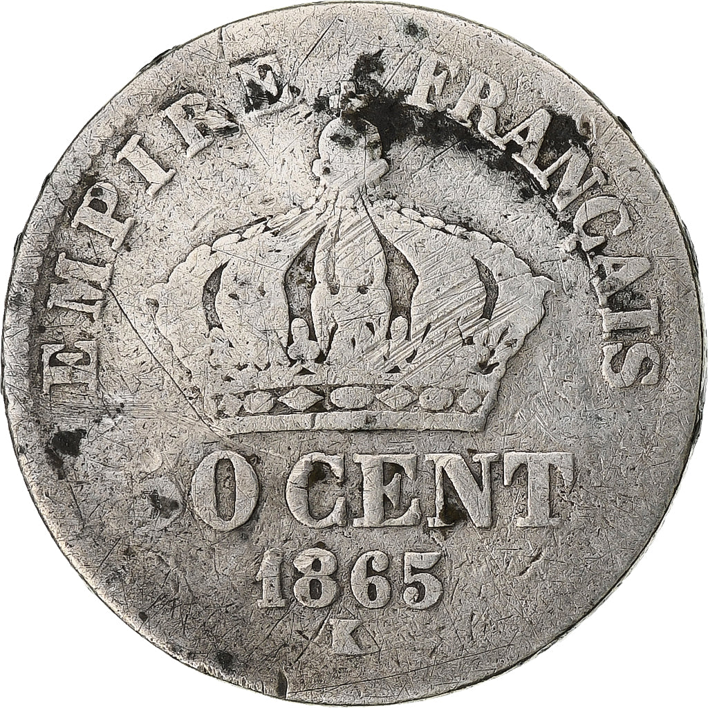 Moeda, França, Napoleon III, 50 Centimes, 1865, Bordeaux, F(12-15), Prata