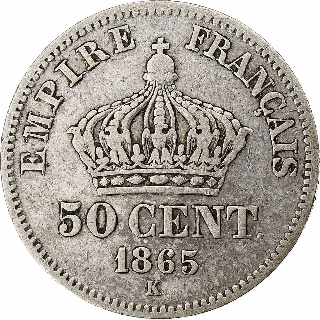 Coin, France, Napoleon III, 50 Centimes, 1865, Bordeaux, VF(30-35), Silver