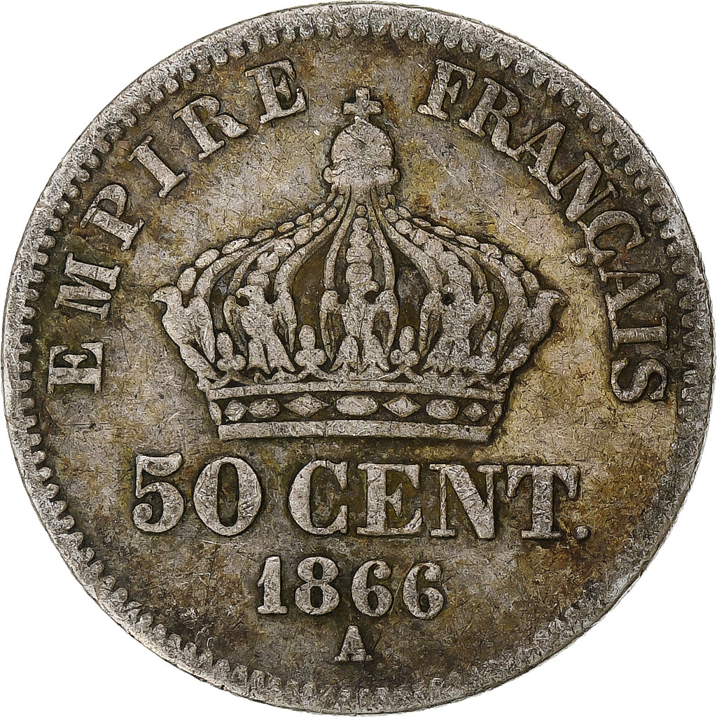 Moeda, França, Napoleon III, 50 Centimes, 1866, Paris, VF(20-25), Prata