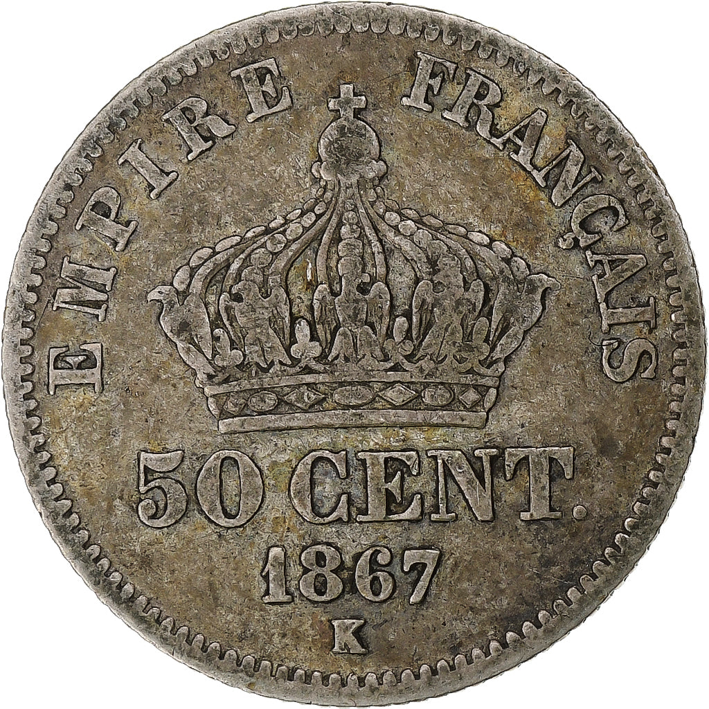 Coin, France, Napoleon III, 50 Centimes, 1867, Bordeaux, VF(20-25), Silver