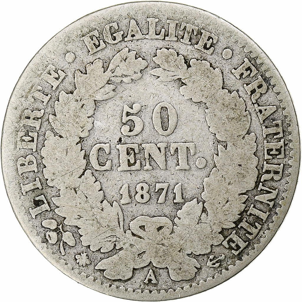 Moeda, França, Cérès, 50 Centimes, 1871, Paris, VG(8-10), Prata, KM:834.1