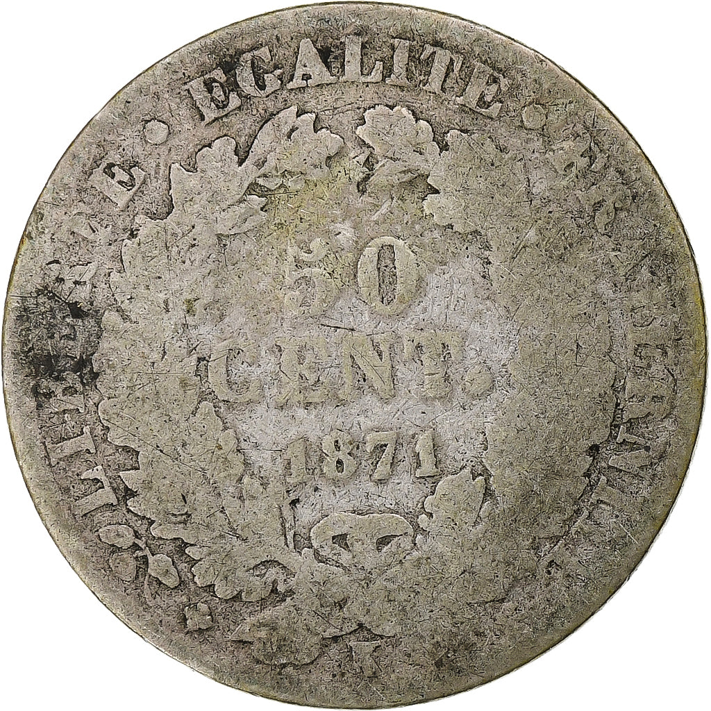 Moeda, França, Cérès, 50 Centimes, 1871, Bordeaux, VG(8-10), Prata, KM:834.2