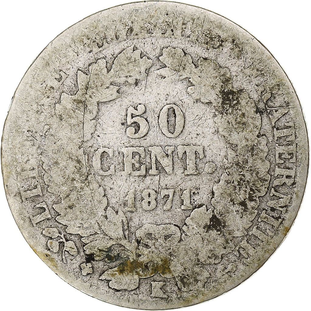 Moeda, França, Cérès, 50 Centimes, 1871, Bordeaux, VG(8-10), Prata, KM:834.2