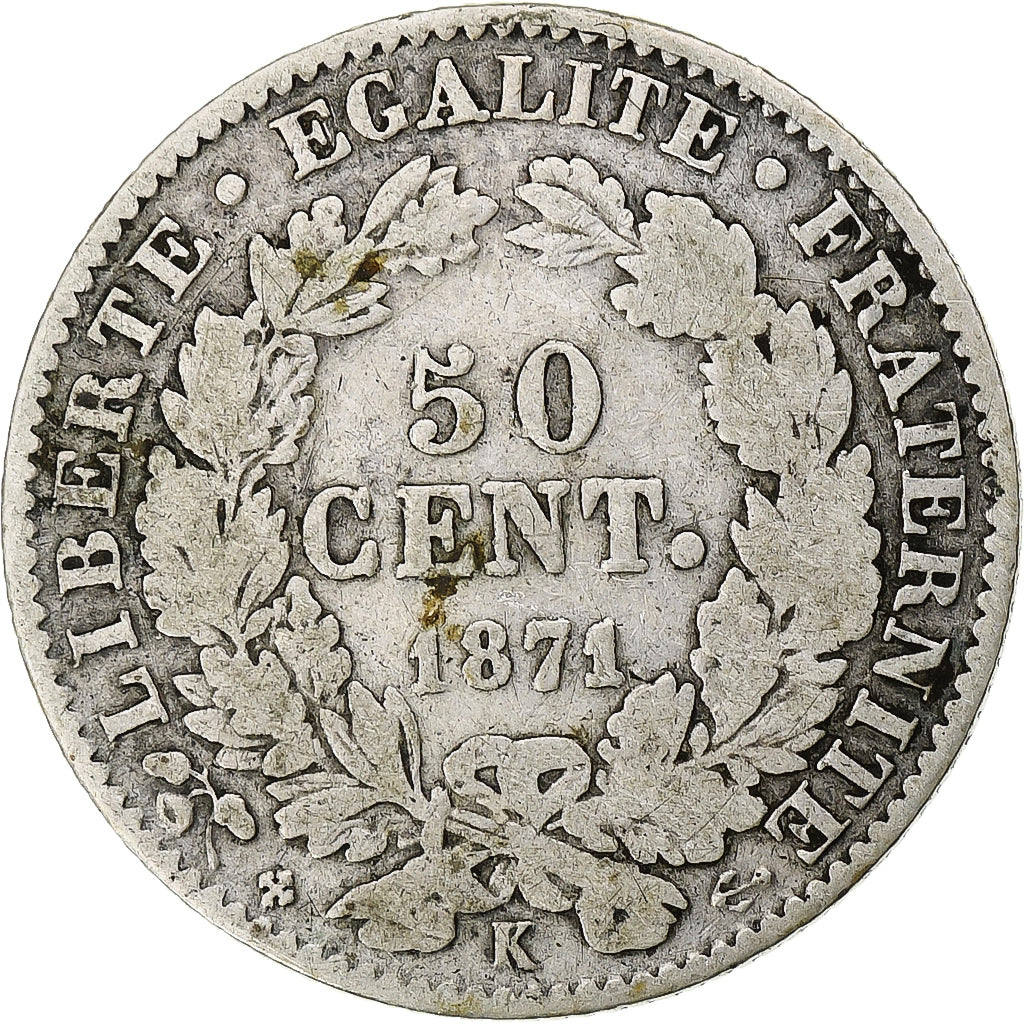 Moeda, França, Cérès, 50 Centimes, 1871, Bordeaux, VF(20-25), Prata