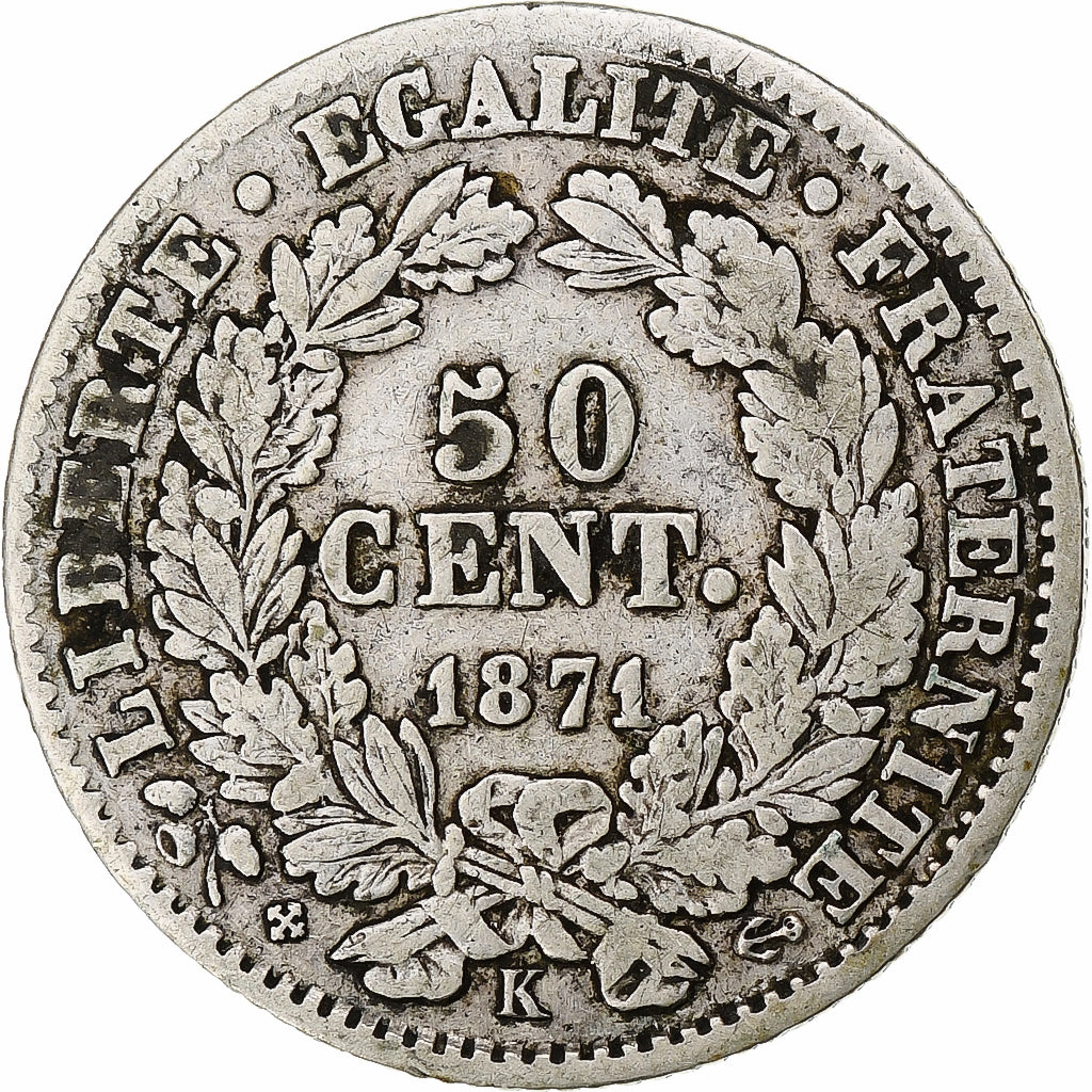 França, 50 Centimes, Cérès, 1871, Bordeaux, Prata, VF(30-35), Gadoury:419, Le